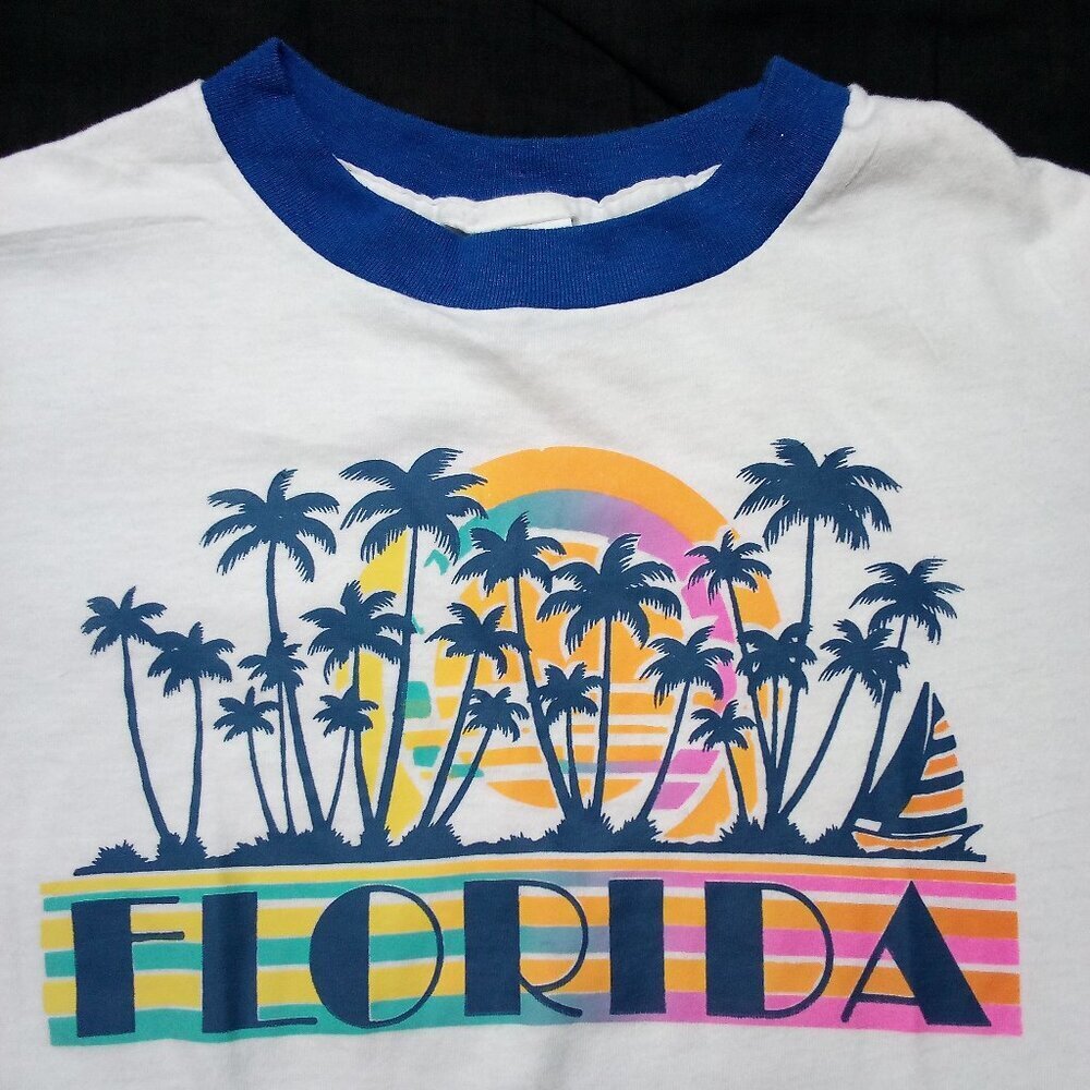 Deadstock Vintage 80s Florida Neon Rainbow Sunset Palm Trees Ringer T-Shirt